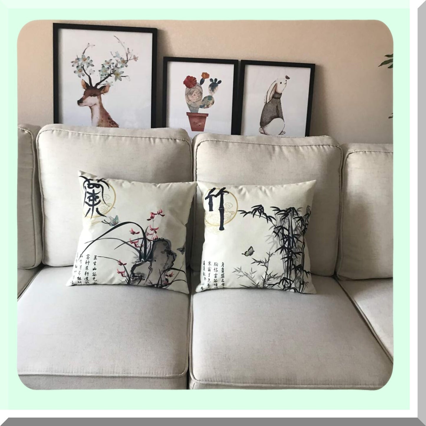 Chinese Culture Floral Pillow Cover Set - Plum Blossom Chrysanthemum Orchid Bamboo Ink Wash Painting Cushion Covers with Calligraphy - 18x18 inches, 4 Pack