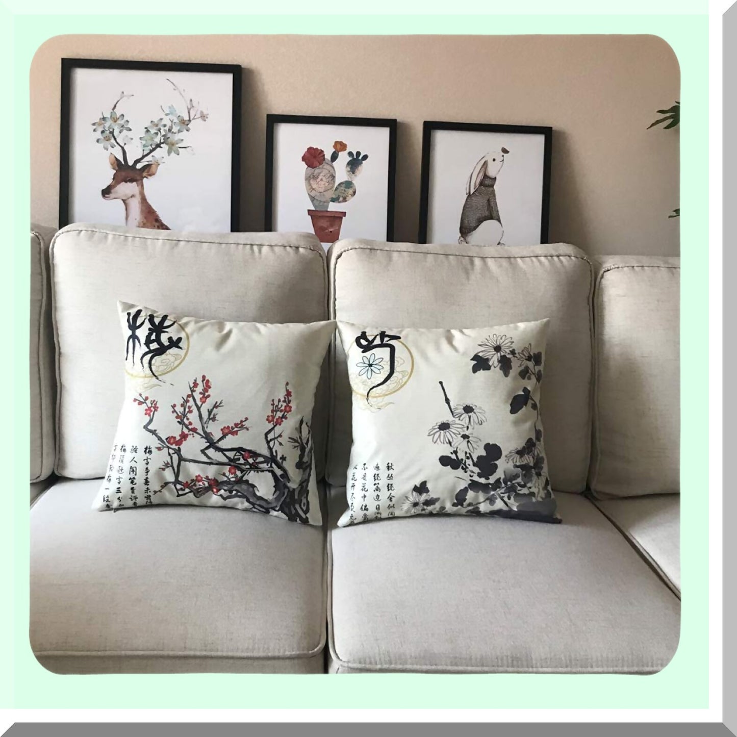 Chinese Culture Floral Pillow Cover Set - Plum Blossom Chrysanthemum Orchid Bamboo Ink Wash Painting Cushion Covers with Calligraphy - 18x18 inches, 4 Pack