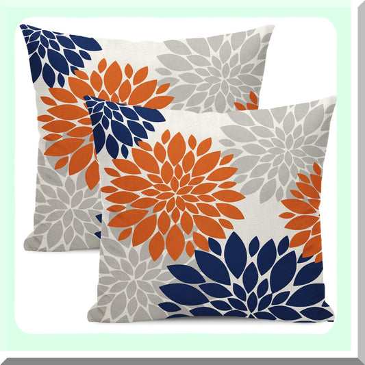 Dahlia Harvest Pillow Covers - Set of 2, Navy Blue & Burnt Orange 20x20 Inch Square Cushion Cases for Fall Decor, Farmhouse Outdoor Home Sofa Bed Accessories