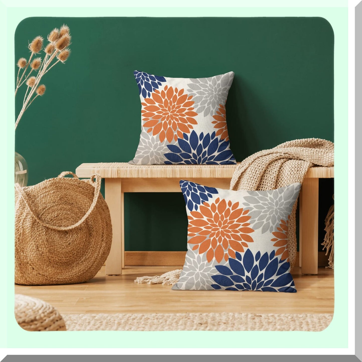 Dahlia Harvest Pillow Covers - Set of 2, Navy Blue & Burnt Orange 20x20 Inch Square Cushion Cases for Fall Decor, Farmhouse Outdoor Home Sofa Bed Accessories