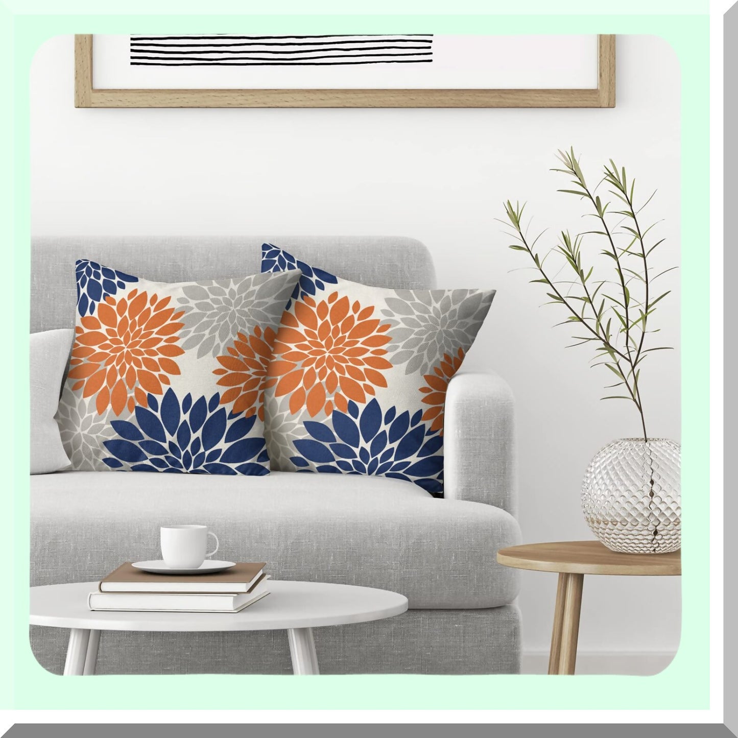 Dahlia Harvest Pillow Covers - Set of 2, Navy Blue & Burnt Orange 20x20 Inch Square Cushion Cases for Fall Decor, Farmhouse Outdoor Home Sofa Bed Accessories