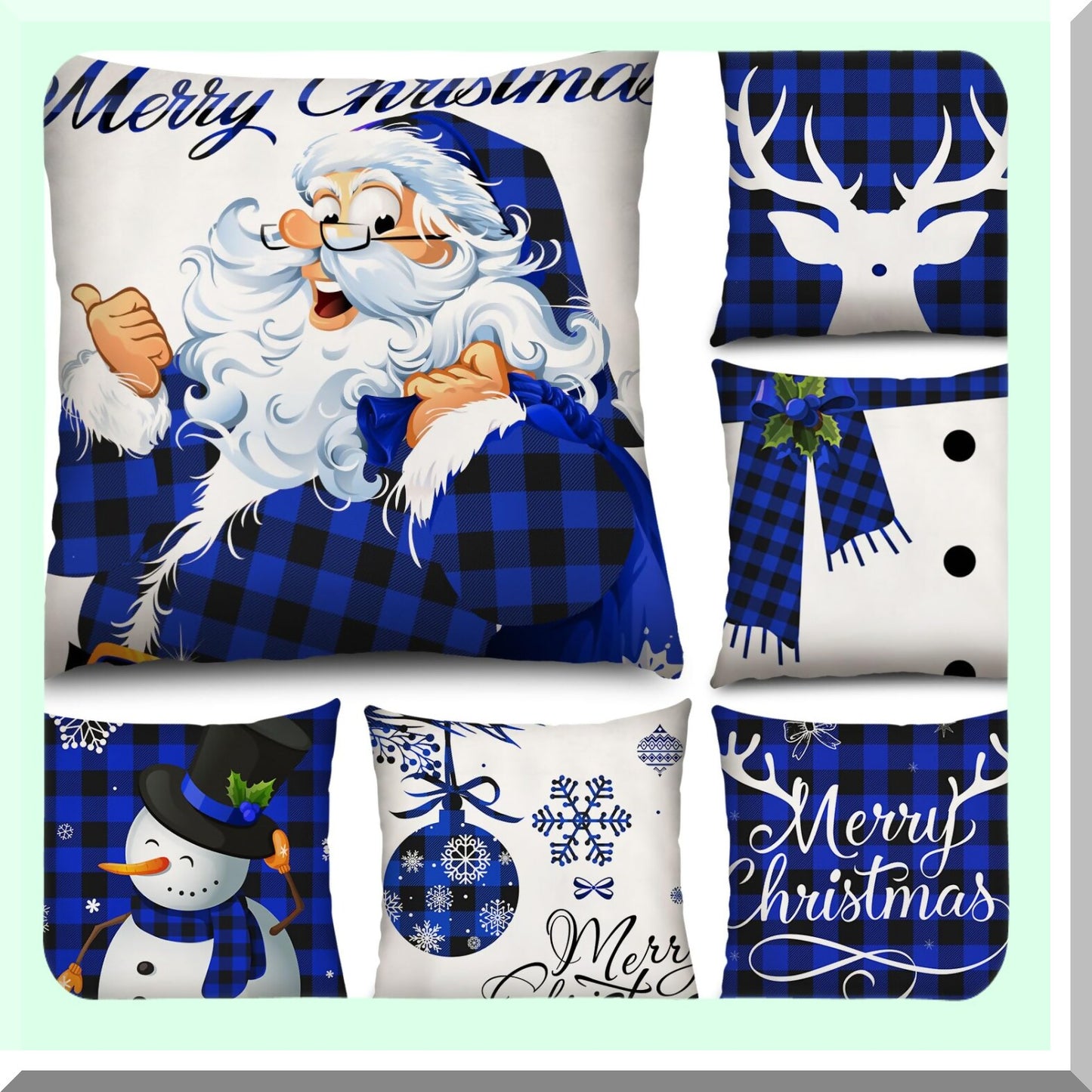 Winter Wonderland Buffalo Plaid Pillow Covers - Set of 6 Holiday Throw Pillow Cases for Xmas Decorations in Black and Blue - 18 x 18 Inch Sofa Couch Bedroom Decor