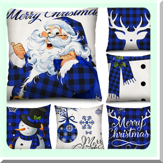 Winter Wonderland Buffalo Plaid Pillow Covers - Set of 6 Holiday Throw Pillow Cases for Xmas Decorations in Black and Blue - 18 x 18 Inch Sofa Couch Bedroom Decor