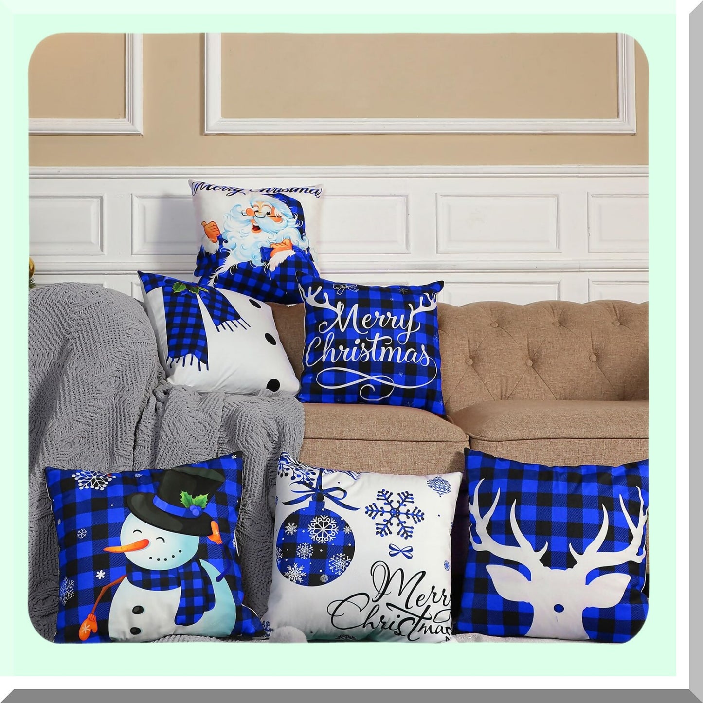 Winter Wonderland Buffalo Plaid Pillow Covers - Set of 6 Holiday Throw Pillow Cases for Xmas Decorations in Black and Blue - 18 x 18 Inch Sofa Couch Bedroom Decor