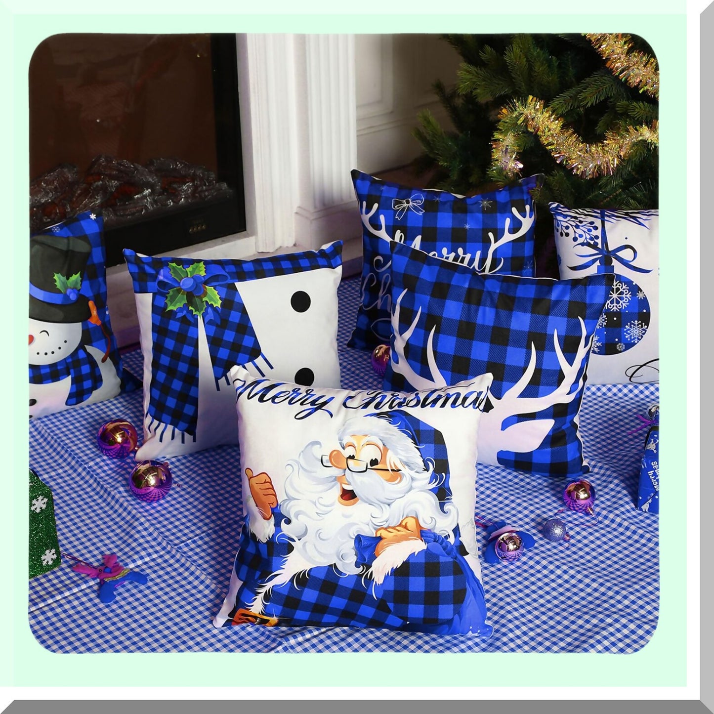 Winter Wonderland Buffalo Plaid Pillow Covers - Set of 6 Holiday Throw Pillow Cases for Xmas Decorations in Black and Blue - 18 x 18 Inch Sofa Couch Bedroom Decor