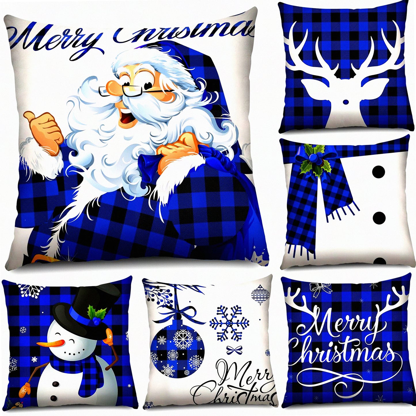 Winter Wonderland Buffalo Plaid Pillow Covers - Set of 6 Holiday Throw Pillow Cases for Xmas Decorations in Black and Blue - 18 x 18 Inch Sofa Couch Bedroom Decor