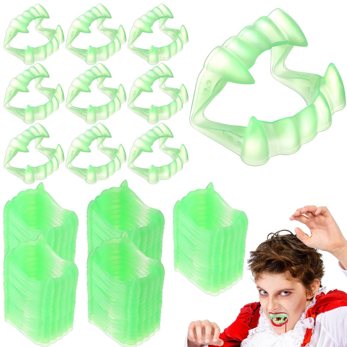 Glowing Fangs Party Pack - 288 Pcs Bulk Glow-in-the-Dark Plastic Teeth for Kids Dress-Up and Decoration. Reusable Fake Teeth Accessory.