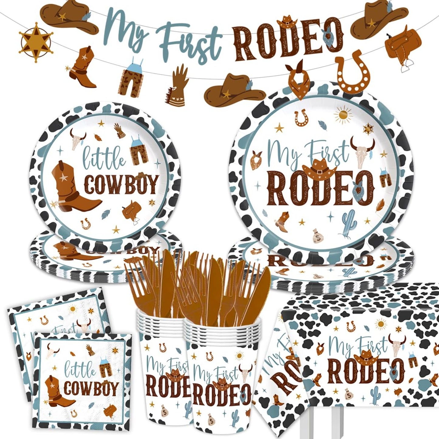 Rodeo Roundup Party Pack - 142 Piece Western Cowboy Tableware Set for 1st Birthday & Baby Shower Decorations in Blue Theme