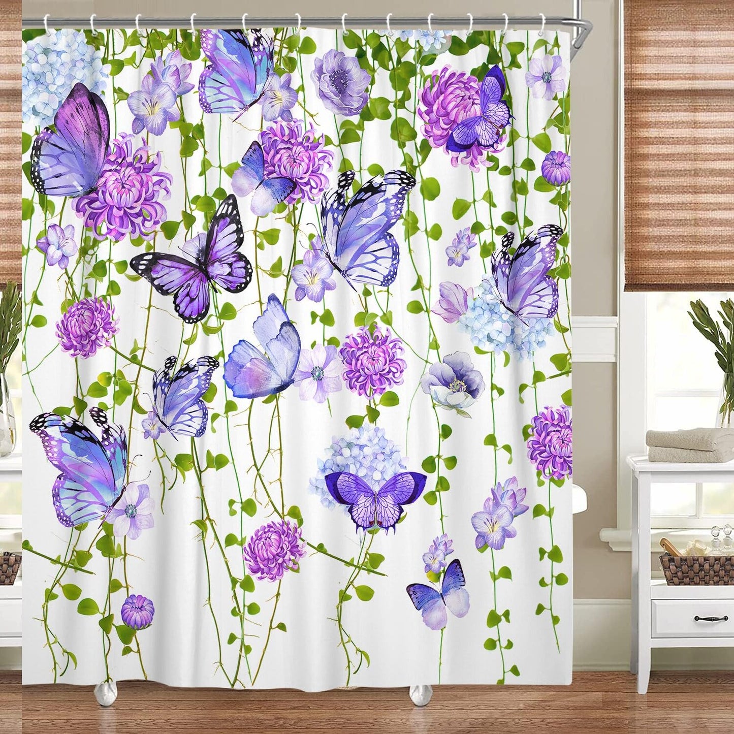 Rustic Purple Floral Butterfly Shower Curtain 70x70in