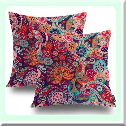 Asian Floral Harmony Pillow Covers - Set of 2, Red Paisley & Colorful Flowers Pattern, Ethnic Cushion Case for Sofa & Bedroom, 20x20 inches Square