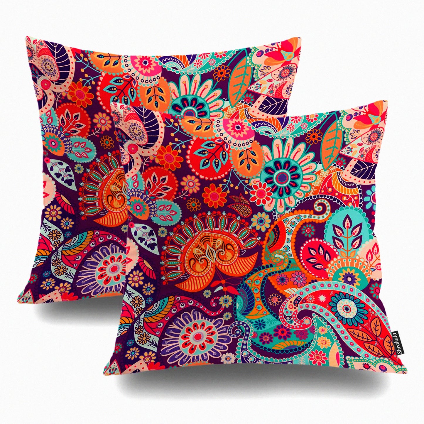 Asian Floral Harmony Pillow Covers - Set of 2, Red Paisley & Colorful Flowers Pattern, Ethnic Cushion Case for Sofa & Bedroom, 20x20 inches Square