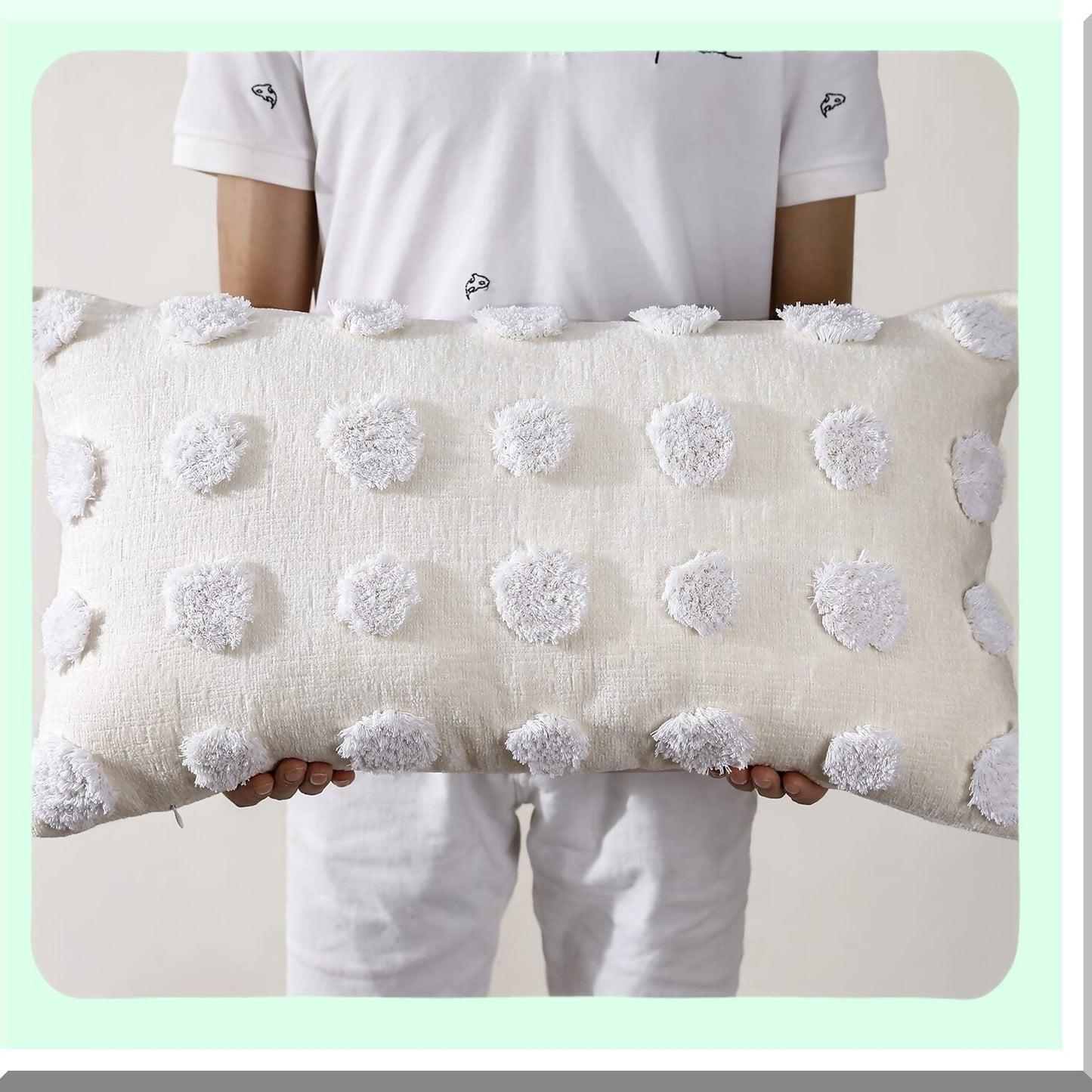 Chenille Boho Lumbar Pillow Cover - Farmhouse Decor Cushion Case for Sofa Couch Bed - Soft Long Throw Pillow Cover - Modern Cream White Living Room Accessory