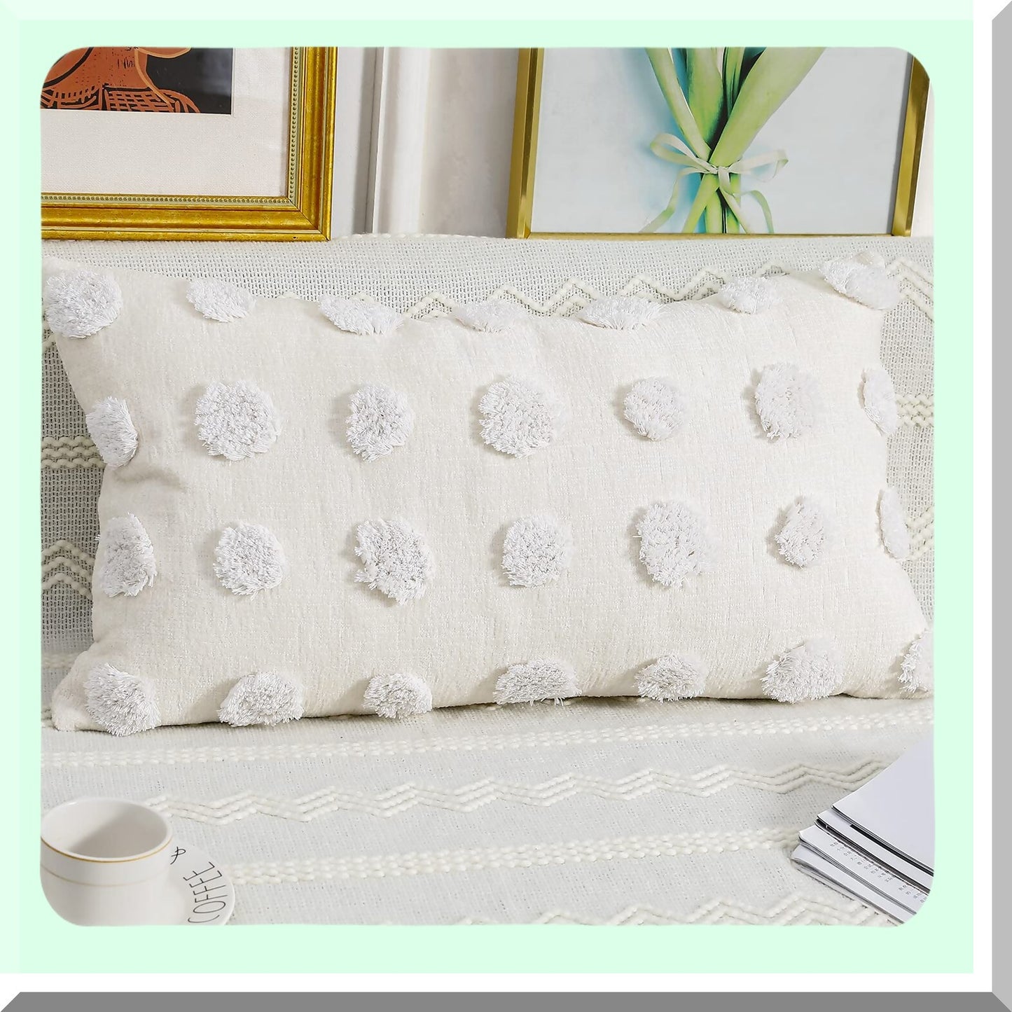 Chenille Boho Lumbar Pillow Cover - Farmhouse Decor Cushion Case for Sofa Couch Bed - Soft Long Throw Pillow Cover - Modern Cream White Living Room Accessory