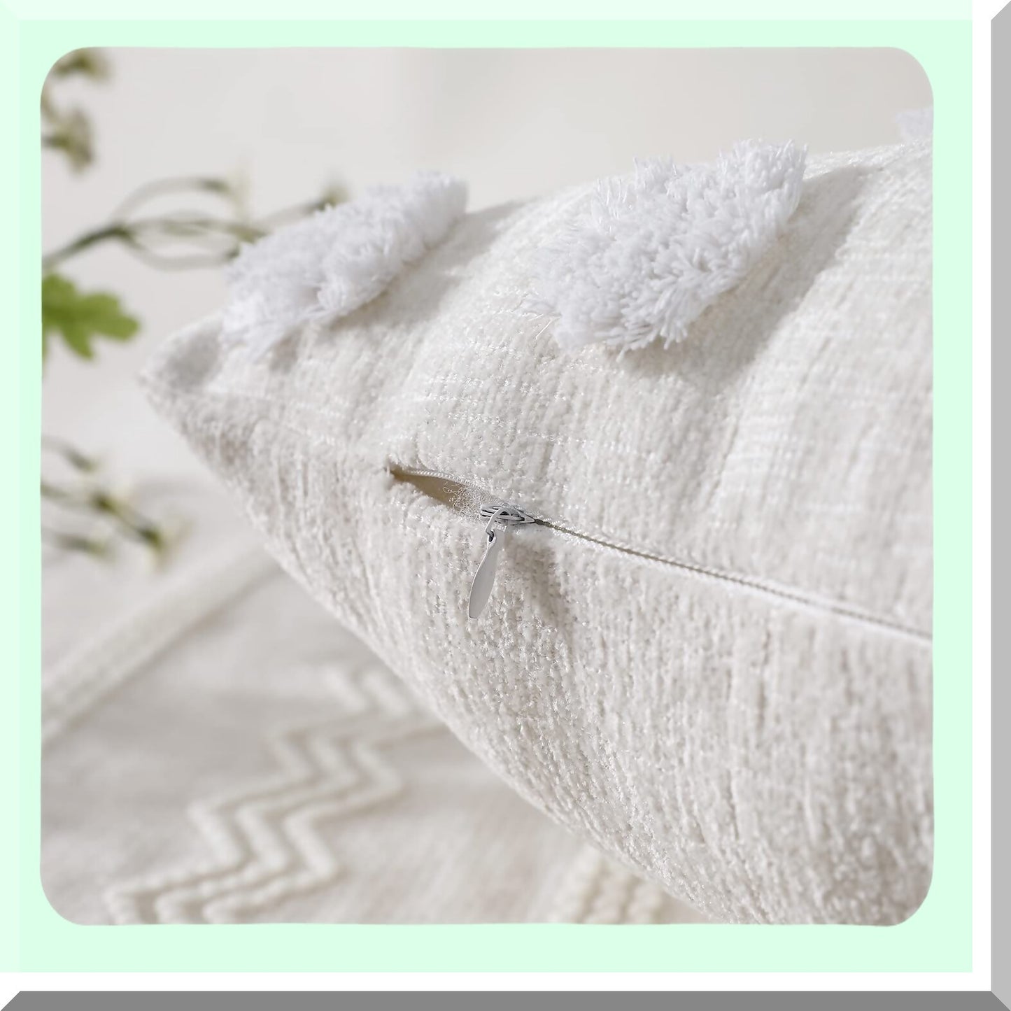 Chenille Boho Lumbar Pillow Cover - Farmhouse Decor Cushion Case for Sofa Couch Bed - Soft Long Throw Pillow Cover - Modern Cream White Living Room Accessory