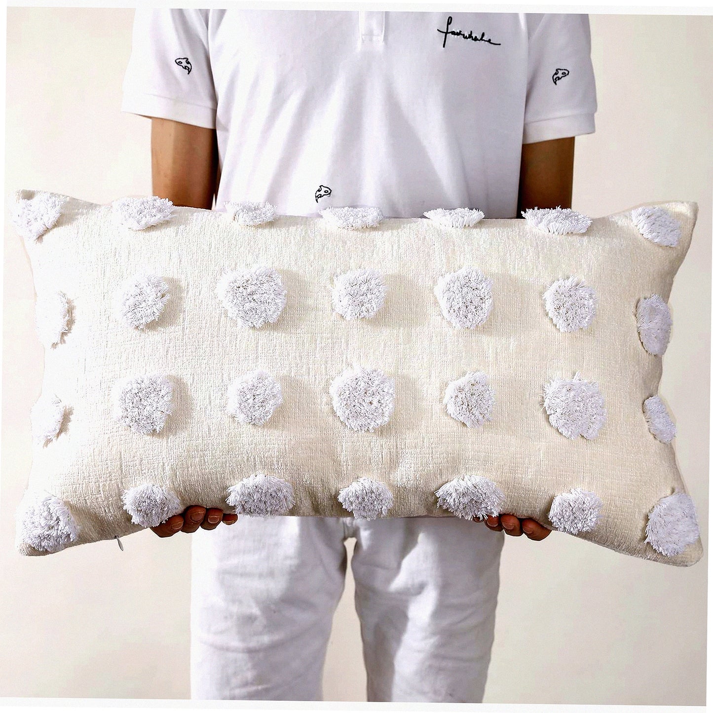 Chenille Boho Lumbar Pillow Cover - Farmhouse Decor Cushion Case for Sofa Couch Bed - Soft Long Throw Pillow Cover - Modern Cream White Living Room Accessory