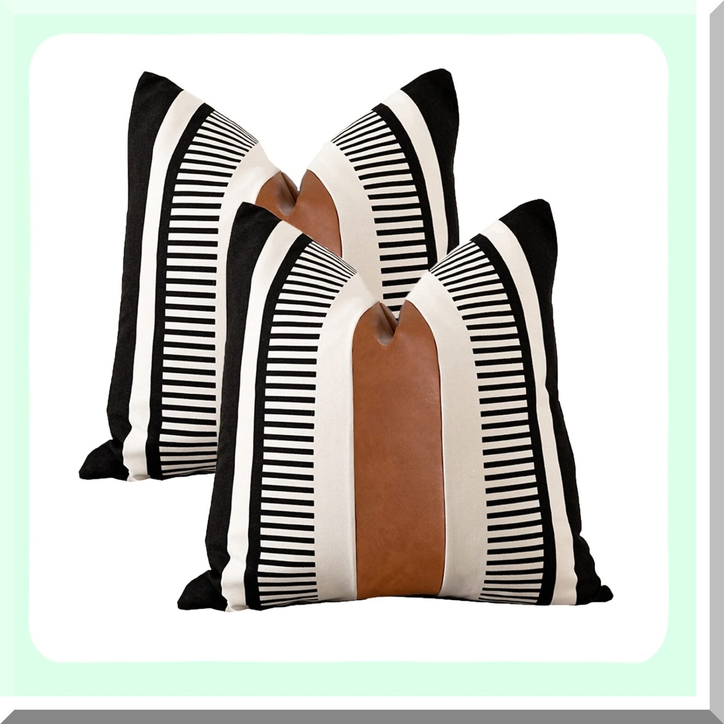 Farmhouse Stripe Leather Accent Pillow Set - Black & White 26x26 Decorative Pillowcase for Sofa, Couch, Chair, Bedroom - Modern Home Decor - Pack of 2