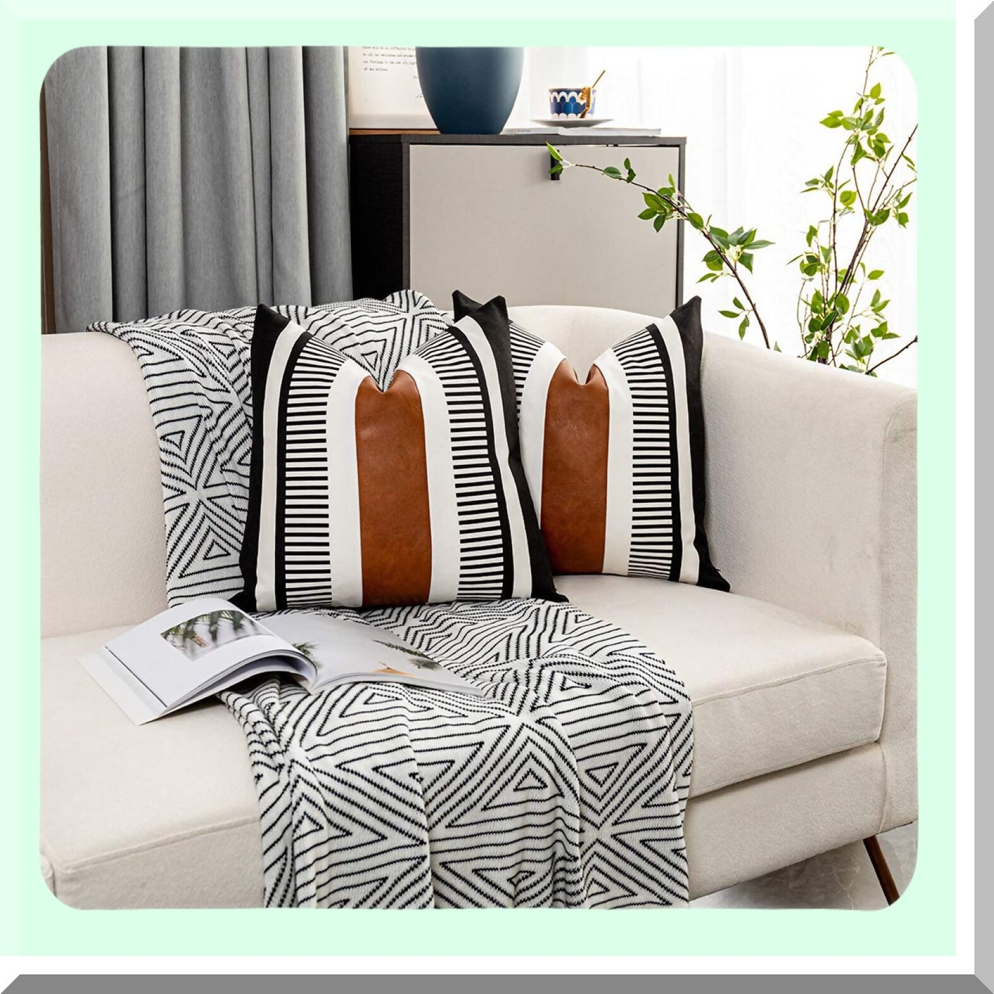 Farmhouse Stripe Leather Accent Pillow Set - Black & White 26x26 Decorative Pillowcase for Sofa, Couch, Chair, Bedroom - Modern Home Decor - Pack of 2