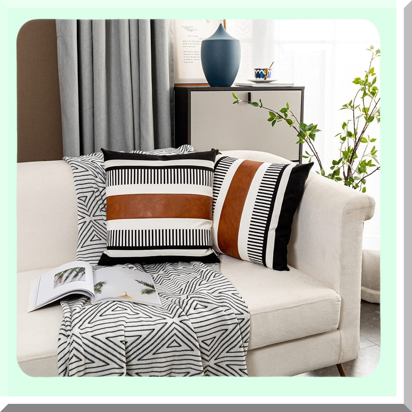 Farmhouse Stripe Leather Accent Pillow Set - Black & White 26x26 Decorative Pillowcase for Sofa, Couch, Chair, Bedroom - Modern Home Decor - Pack of 2