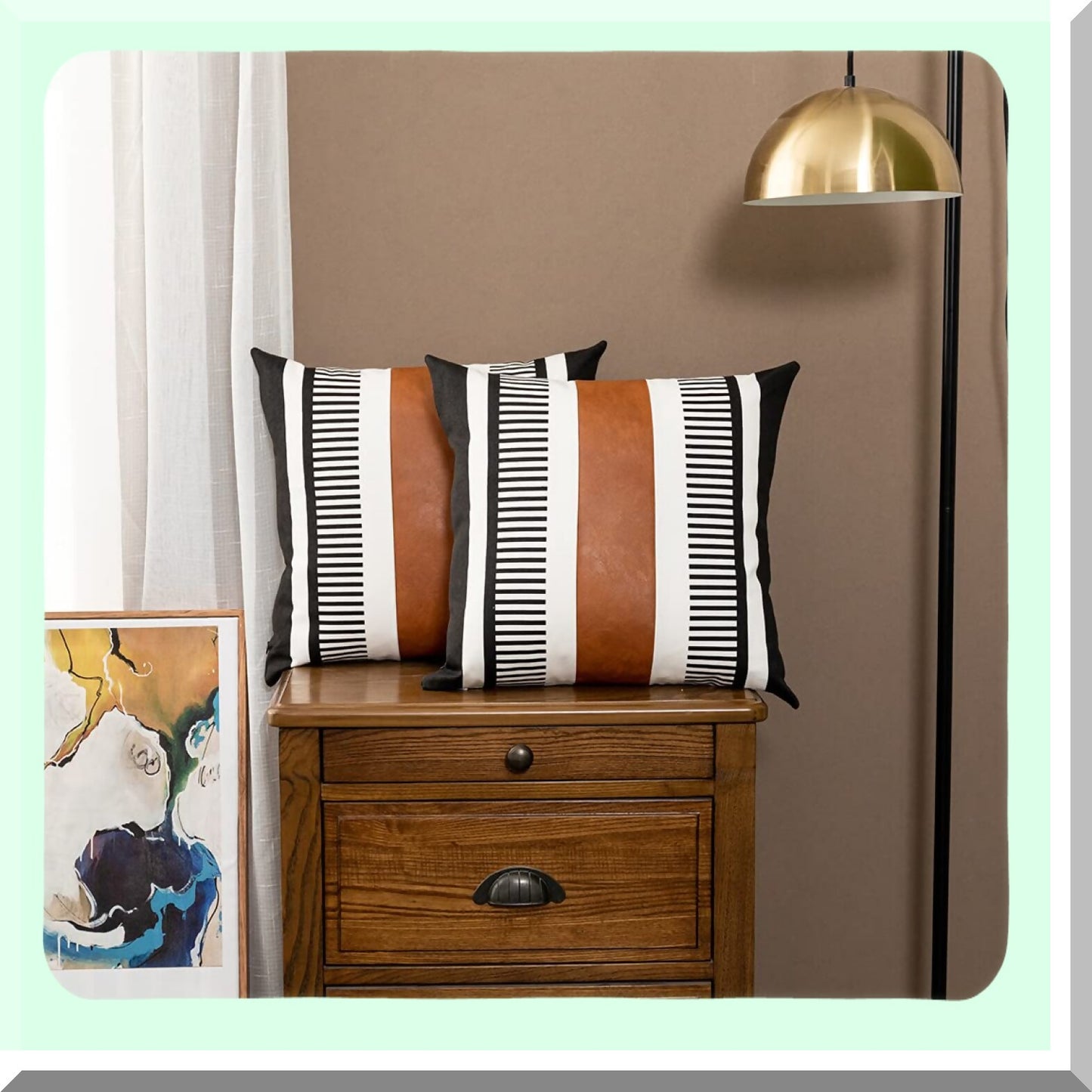 Farmhouse Stripe Leather Accent Pillow Set - Black & White 26x26 Decorative Pillowcase for Sofa, Couch, Chair, Bedroom - Modern Home Decor - Pack of 2