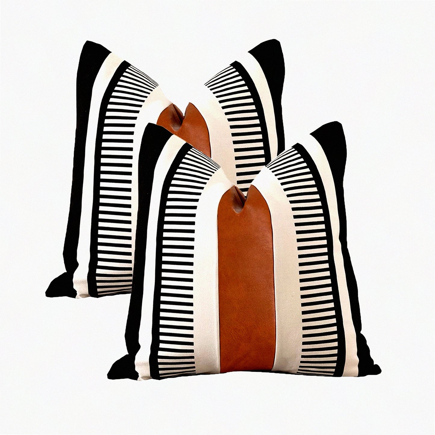 Farmhouse Stripe Leather Accent Pillow Set - Black & White 26x26 Decorative Pillowcase for Sofa, Couch, Chair, Bedroom - Modern Home Decor - Pack of 2