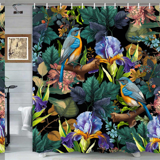 Black Boho Floral Shower Curtain with Hooks
