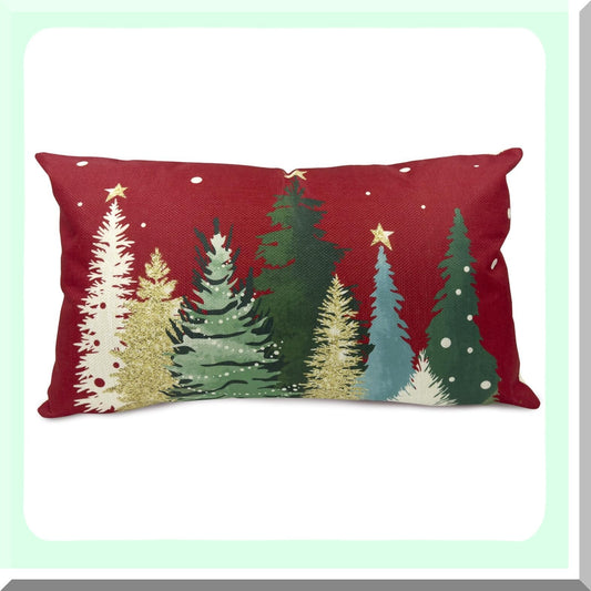 Winter Wonderland Buffalo Plaid Snowflake Pillow Cover - Festive Holiday Farmhouse Decor for Sofa Couch - 12X20 Inch Merry Red Colorful Trees Case