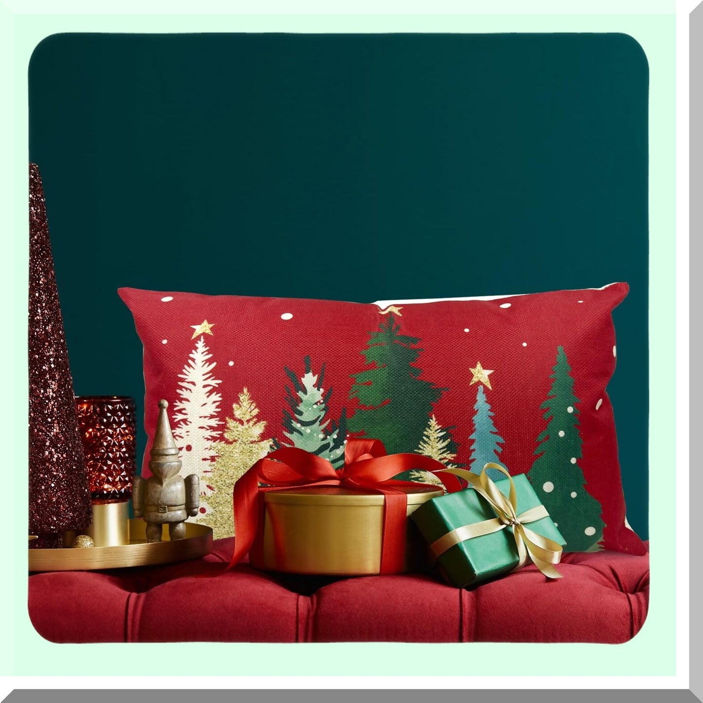 Winter Wonderland Buffalo Plaid Snowflake Pillow Cover - Festive Holiday Farmhouse Decor for Sofa Couch - 12X20 Inch Merry Red Colorful Trees Case