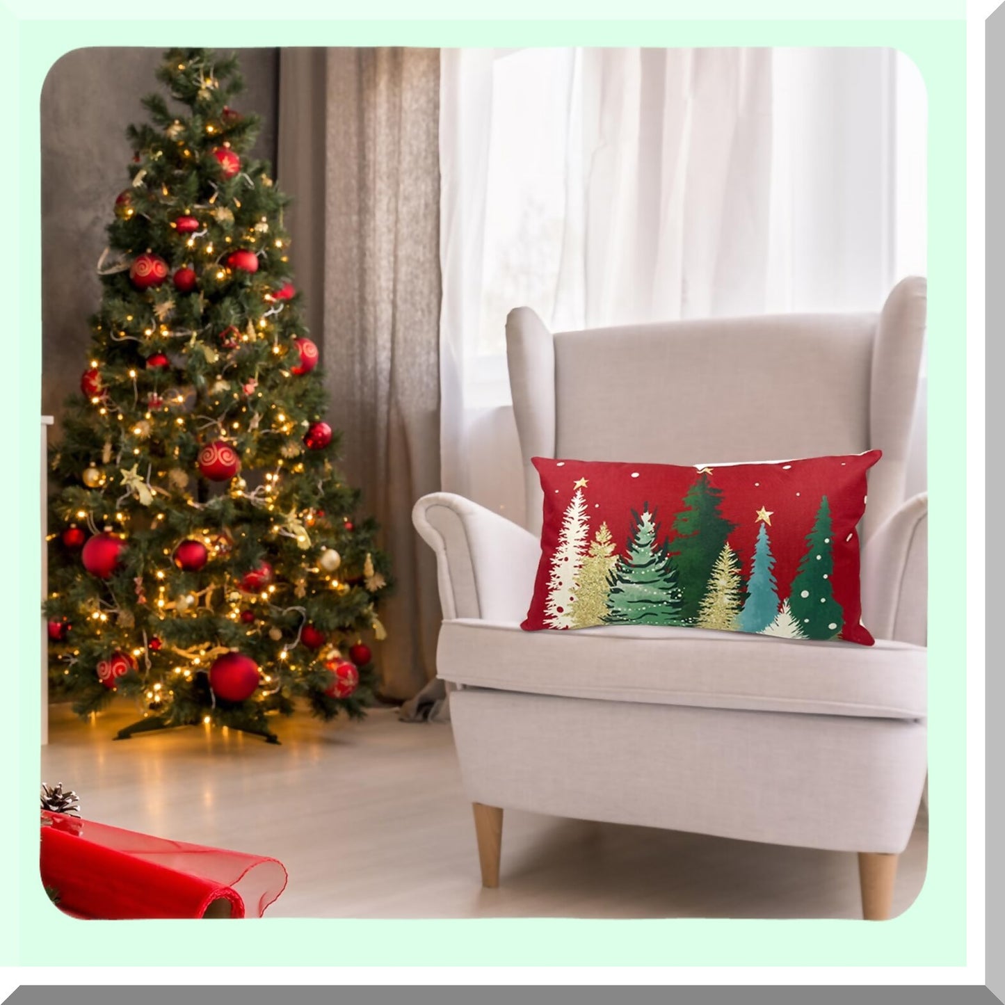 Winter Wonderland Buffalo Plaid Snowflake Pillow Cover - Festive Holiday Farmhouse Decor for Sofa Couch - 12X20 Inch Merry Red Colorful Trees Case