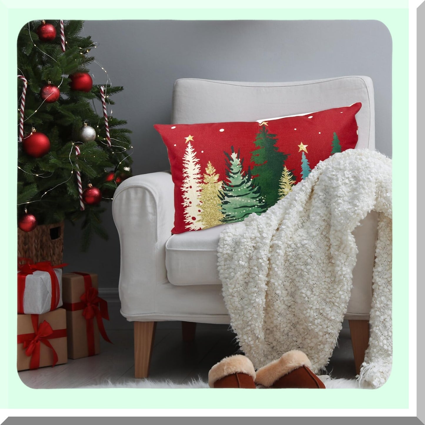 Winter Wonderland Buffalo Plaid Snowflake Pillow Cover - Festive Holiday Farmhouse Decor for Sofa Couch - 12X20 Inch Merry Red Colorful Trees Case