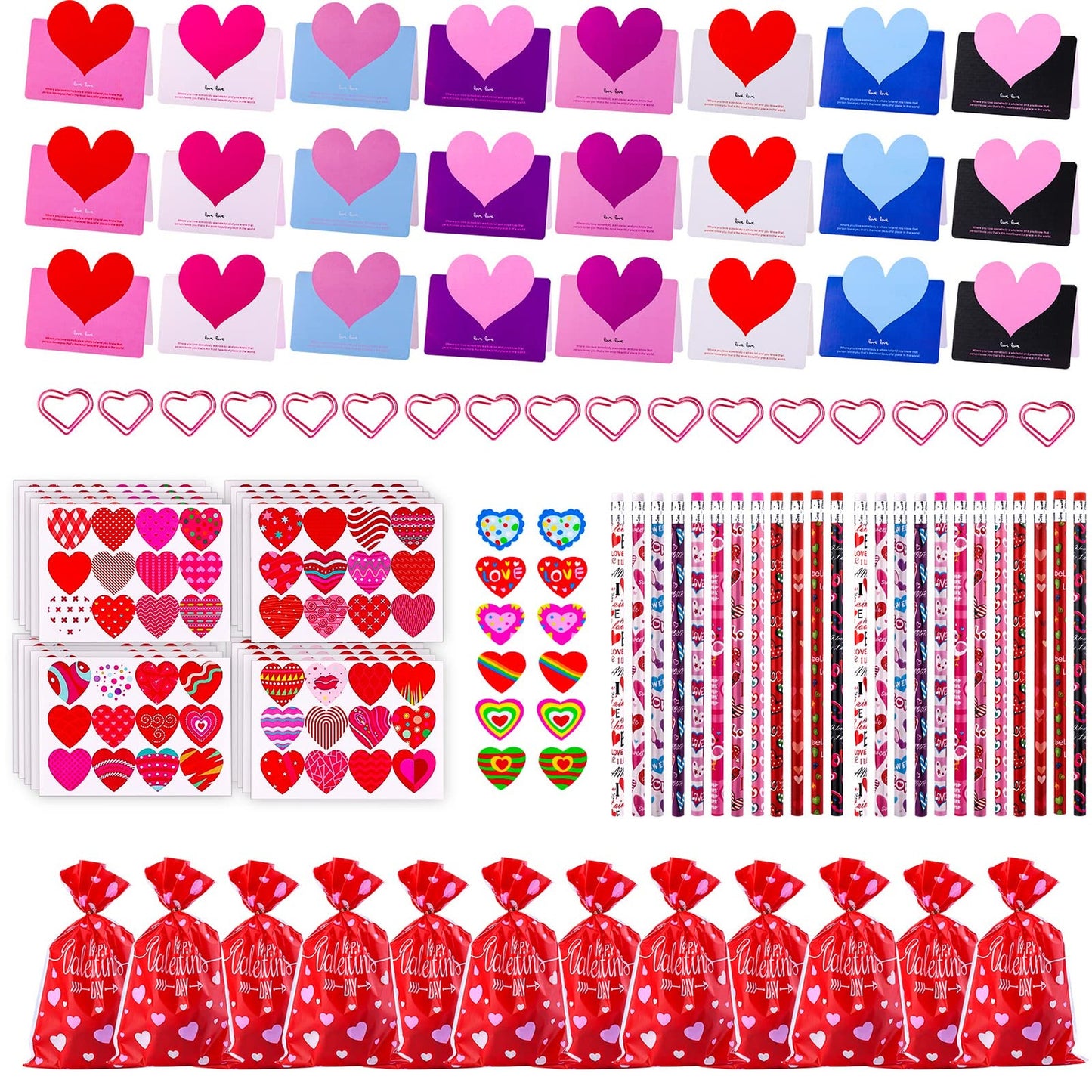 Valentine's Heart Stationery Set - 168pcs Classroom Exchange Kit with Card, Pencil, Paperclip, Eraser, Sticker, Gift Bag - Kids Party Favors & School Supplies