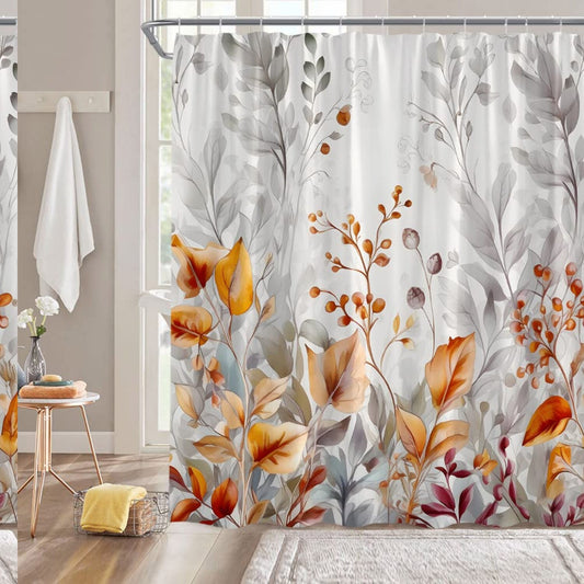 Watercolor Leaf Shower Curtain Gray Orange 180x180CM