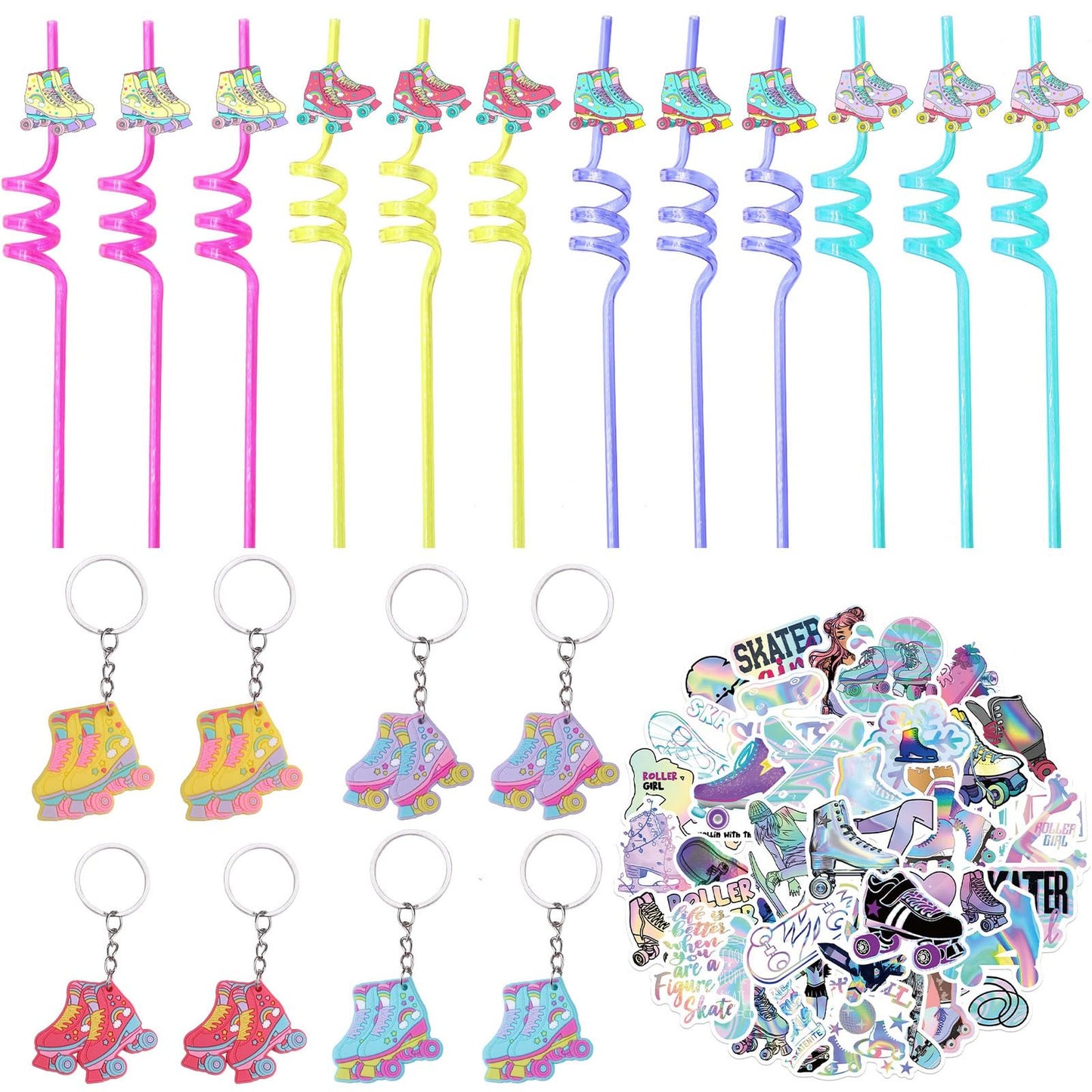 Retro Roller Skate Party Pack - 74 Pcs 80s Skating Birthday Supplies with Straws, Keychains, Stickers for 90s Hip Hop Theme Celebration