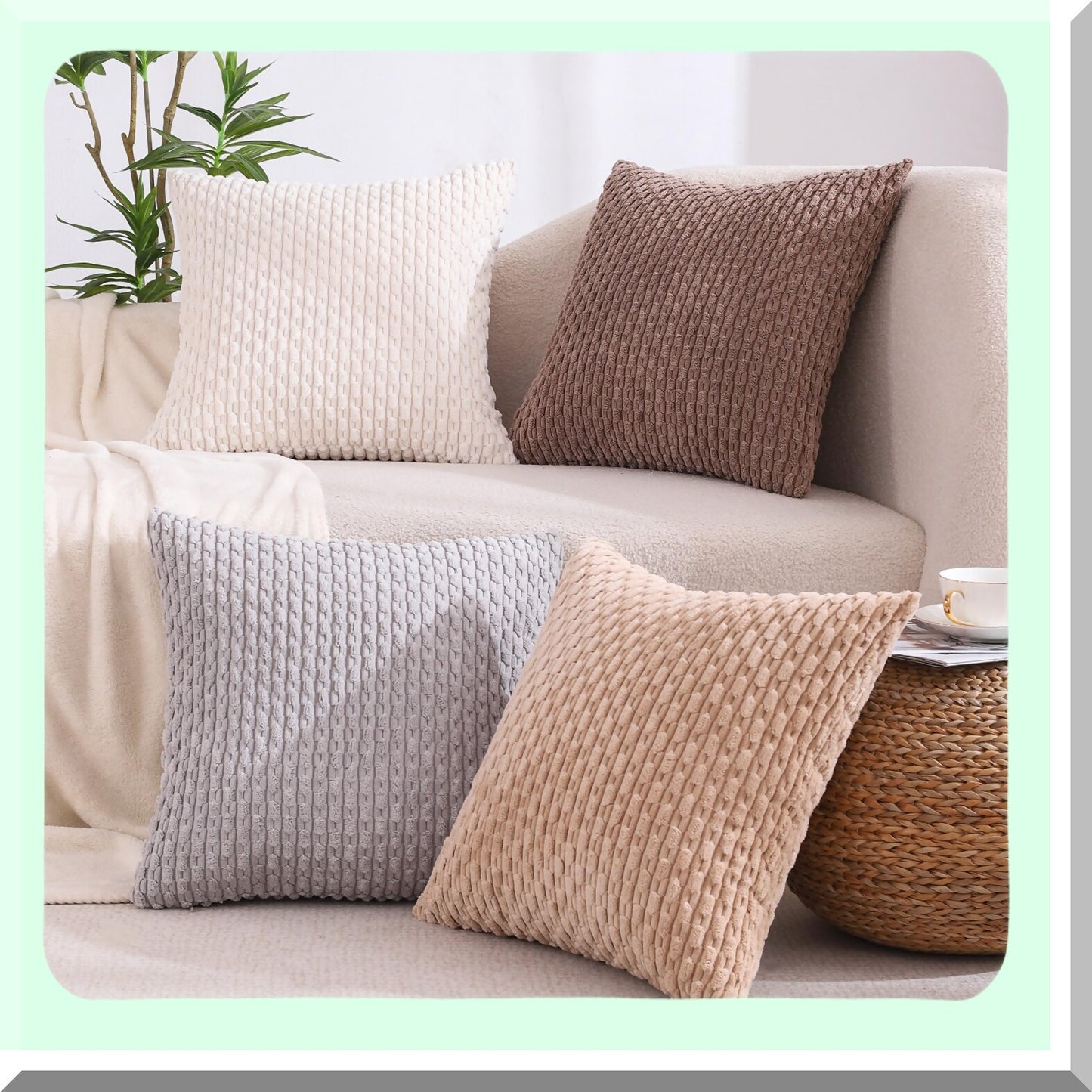 Boho Farmhouse Corduroy Pillow Covers - Set of 4 Rustic Cushion Cases for Home Decor, Sofa, Living Room, Bed - 18x18 Square Throw Pillows for Spring