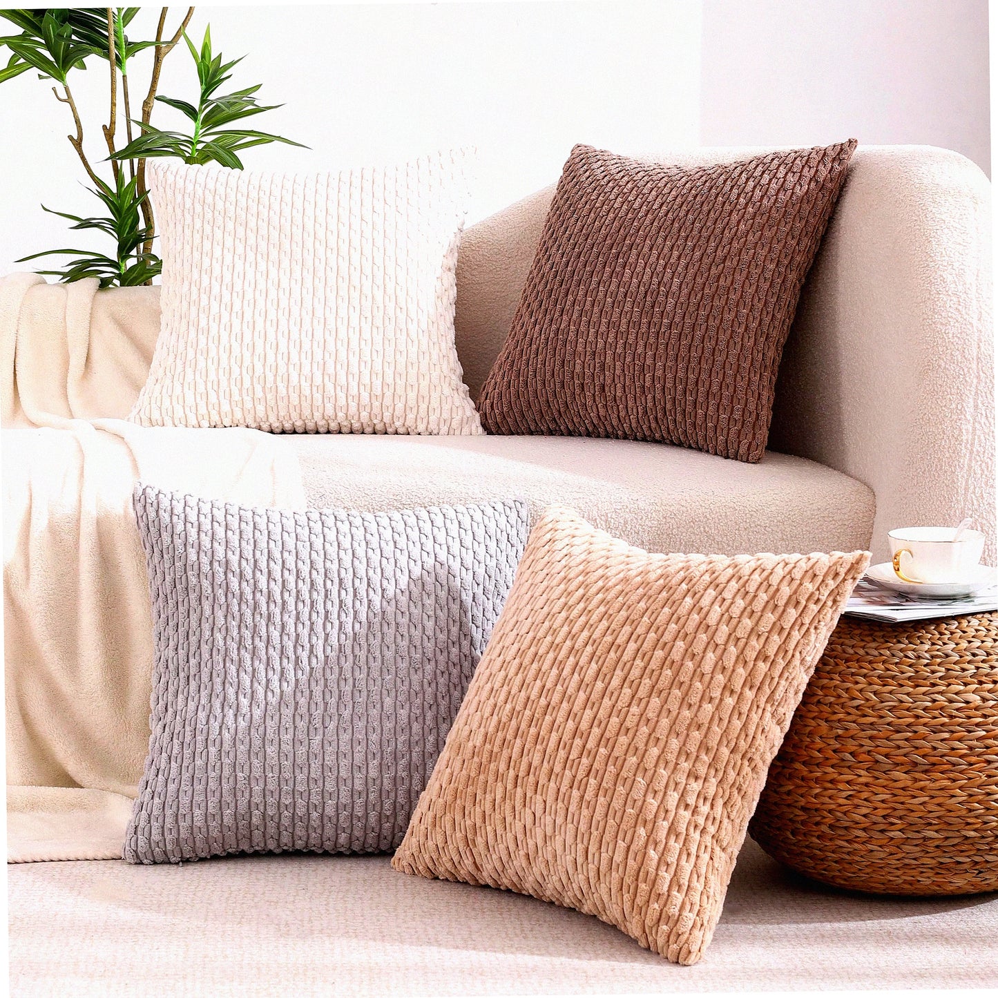 Boho Farmhouse Corduroy Pillow Covers - Set of 4 Rustic Cushion Cases for Home Decor, Sofa, Living Room, Bed - 18x18 Square Throw Pillows for Spring