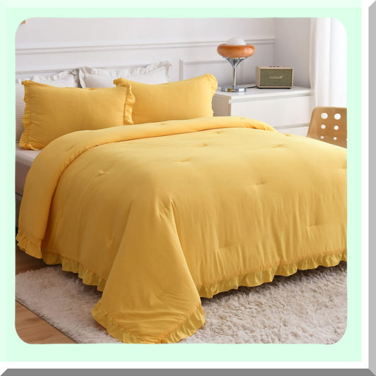 Vintage Ruffle Fringe Comforter Set - Queen Size 3 Piece Bedding Bundle with Yellow Ruffle Design, Farmhouse Rustic Microfiber Down Alternative Fill, Includes 1 Comforter and 2 Pillow Shams