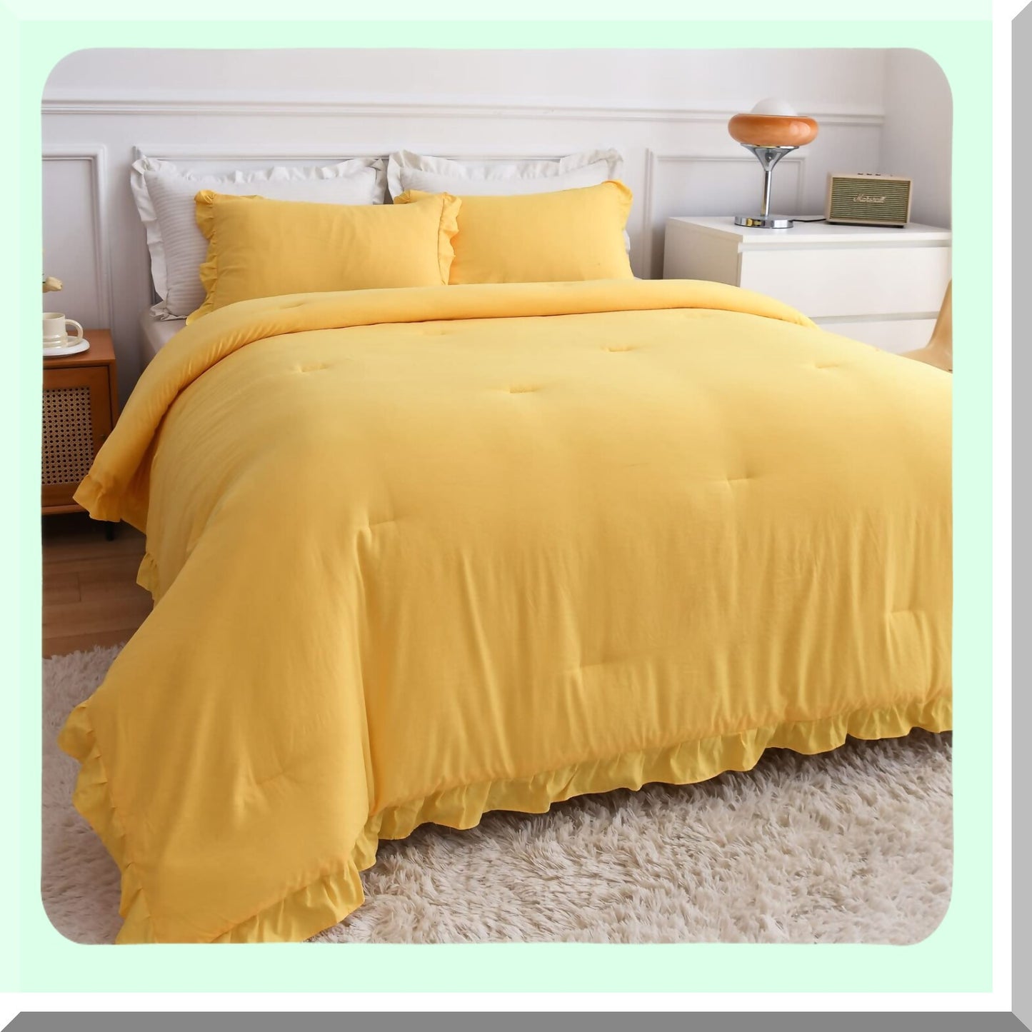 Vintage Ruffle Fringe Comforter Set - Queen Size 3 Piece Bedding Bundle with Yellow Ruffle Design, Farmhouse Rustic Microfiber Down Alternative Fill, Includes 1 Comforter and 2 Pillow Shams