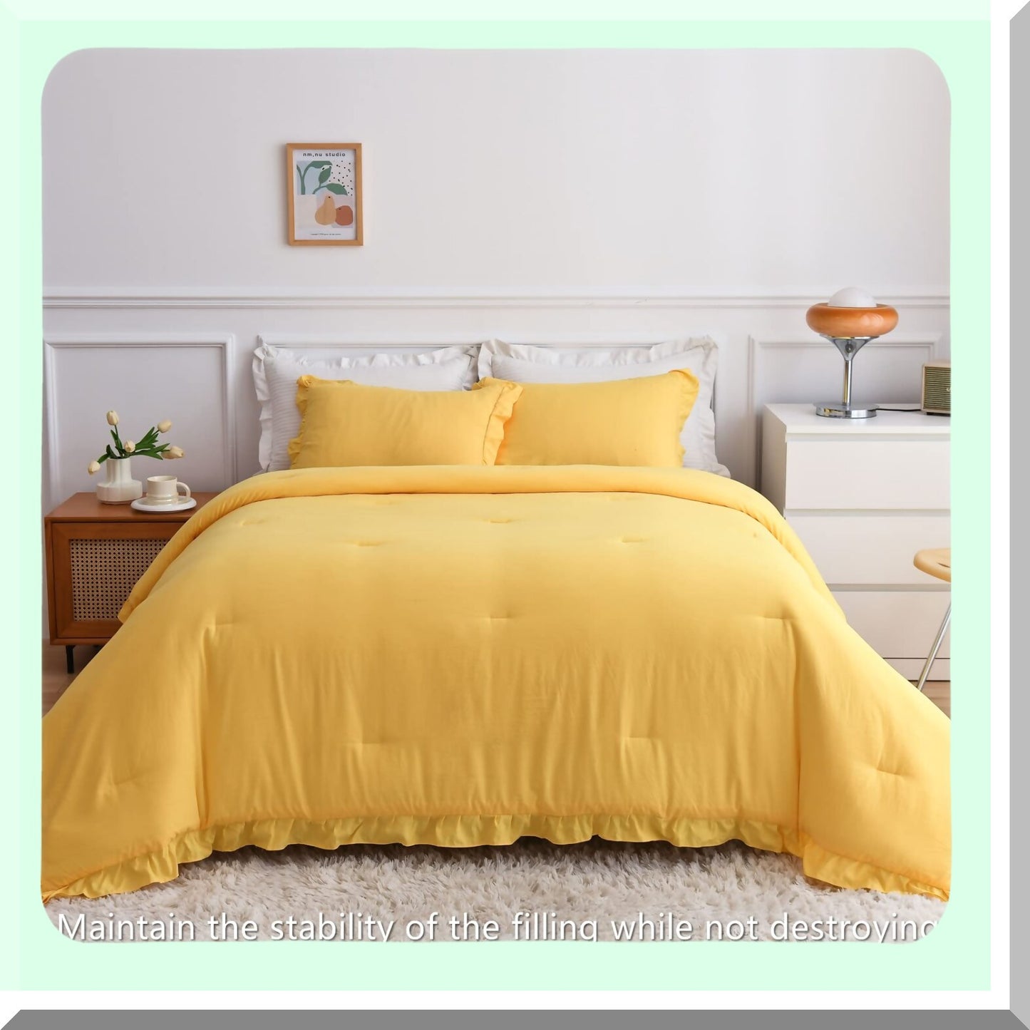 Vintage Ruffle Fringe Comforter Set - Queen Size 3 Piece Bedding Bundle with Yellow Ruffle Design, Farmhouse Rustic Microfiber Down Alternative Fill, Includes 1 Comforter and 2 Pillow Shams