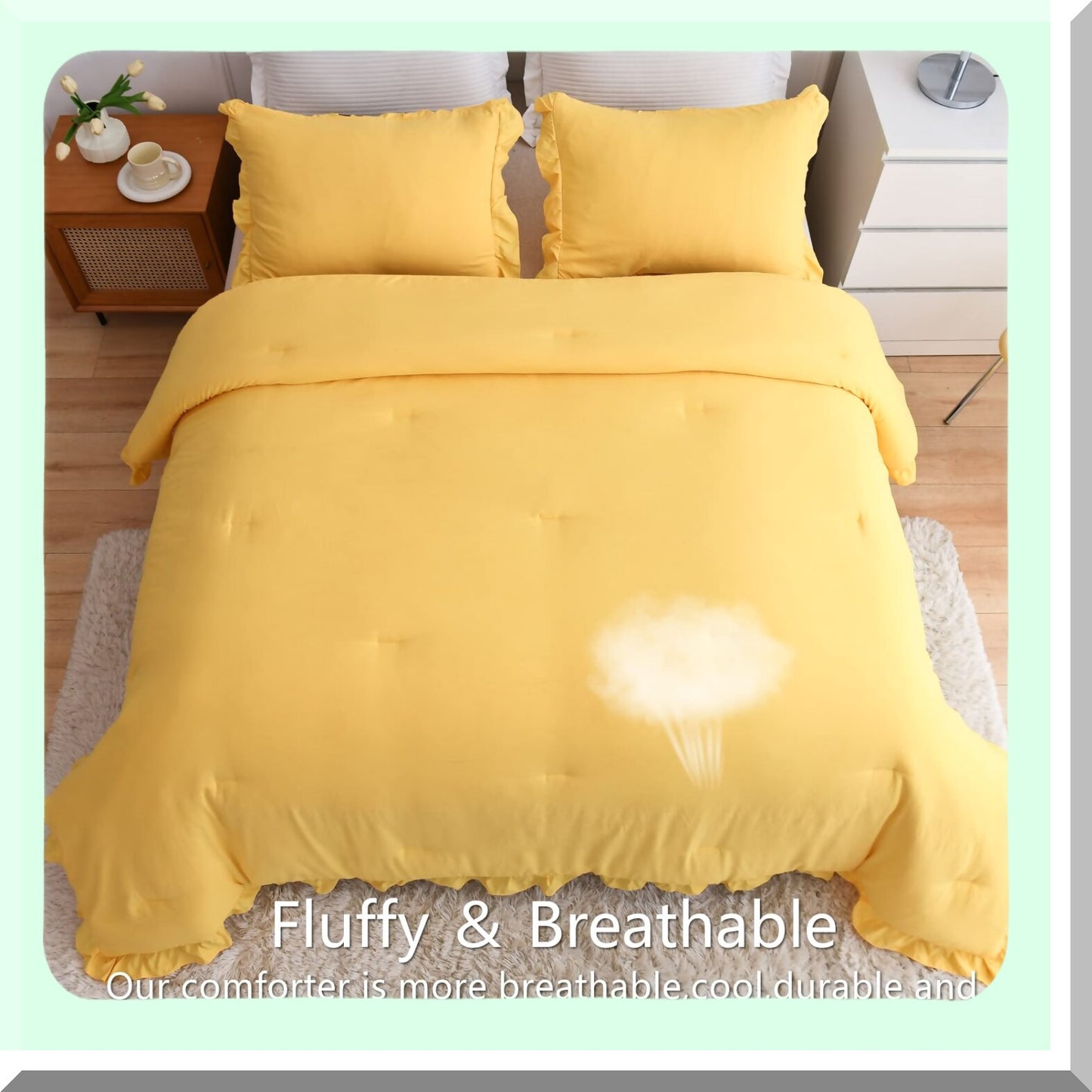 Vintage Ruffle Fringe Comforter Set - Queen Size 3 Piece Bedding Bundle with Yellow Ruffle Design, Farmhouse Rustic Microfiber Down Alternative Fill, Includes 1 Comforter and 2 Pillow Shams