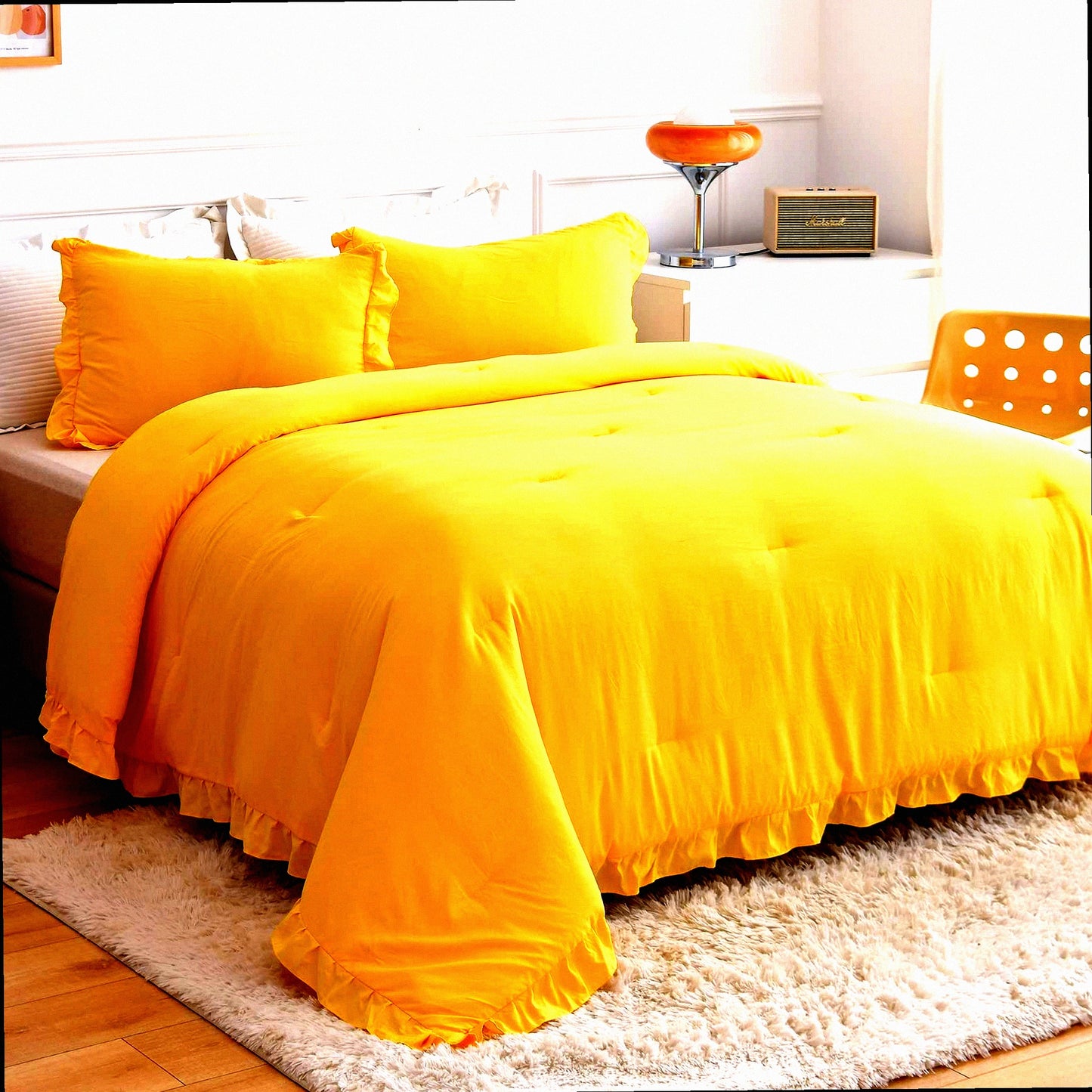 Vintage Ruffle Fringe Comforter Set - Queen Size 3 Piece Bedding Bundle with Yellow Ruffle Design, Farmhouse Rustic Microfiber Down Alternative Fill, Includes 1 Comforter and 2 Pillow Shams