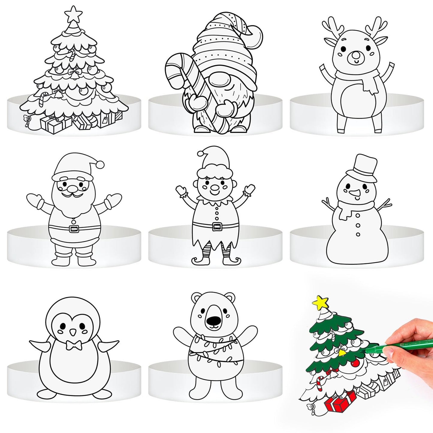 Xmas Crown Craft Kit - 48 Pcs Color Your Own Paper Party Hats for Kids - Snowman, Tree, Elf Themed Holiday Headbands - DIY Decoration Supplies