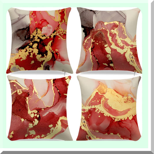 Abstract Marble Texture Decorative Pillow Covers - Set of 4, Red & Gold Modern Throw Pillow Cases for Living Room, Couch, Bed - 18" x 18" BF-4