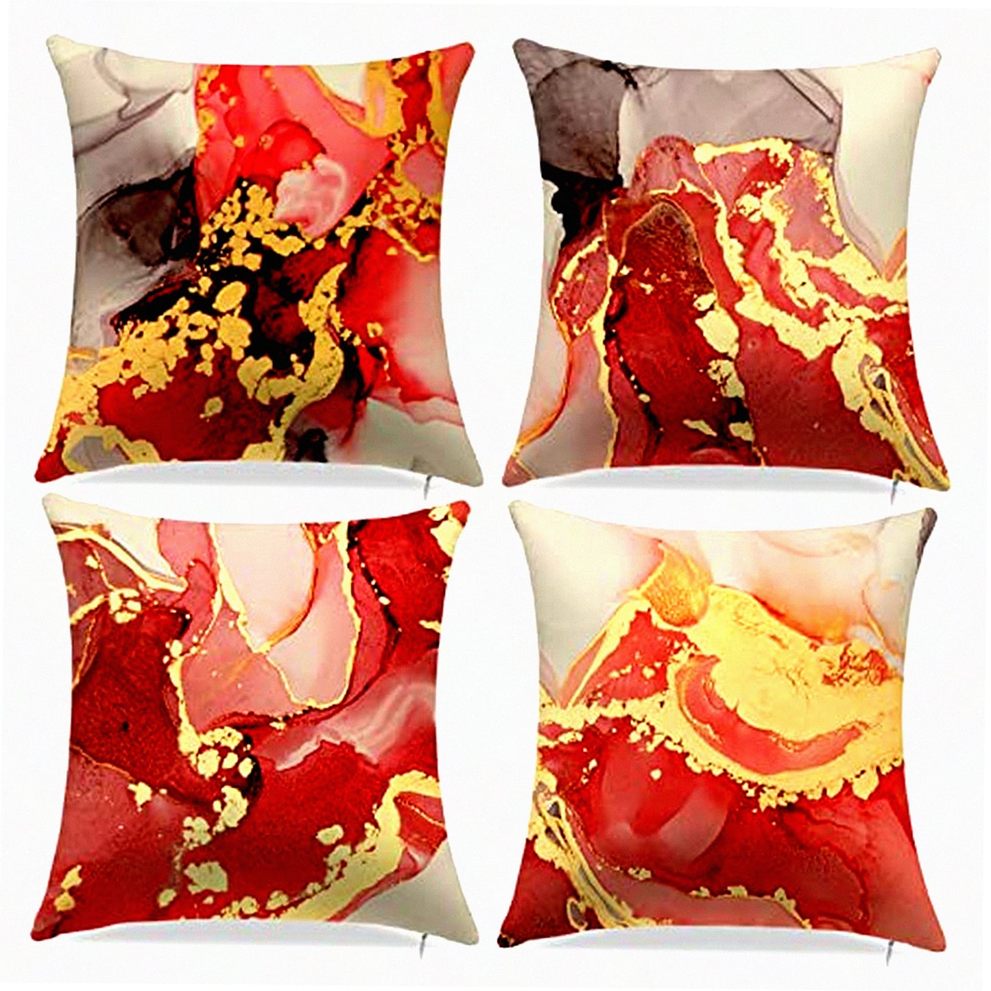 Abstract Marble Texture Decorative Pillow Covers - Set of 4, Red & Gold Modern Throw Pillow Cases for Living Room, Couch, Bed - 18" x 18" BF-4