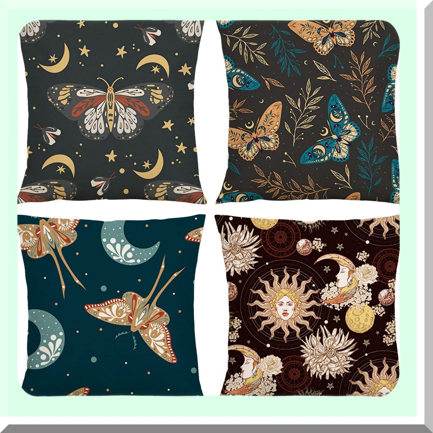 Mystical Night Sky Pillow Covers - Set of 4, Moth Butterfly Stars Floral Cushion Cases, Modern Outdoor Sofa Bedroom Car Decor - Black Yellow