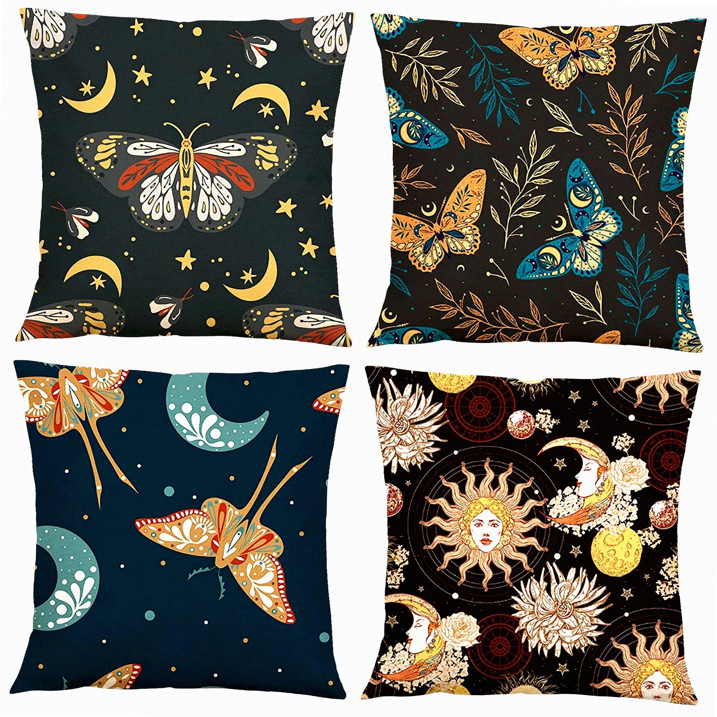 Mystical Night Sky Pillow Covers - Set of 4, Moth Butterfly Stars Floral Cushion Cases, Modern Outdoor Sofa Bedroom Car Decor - Black Yellow