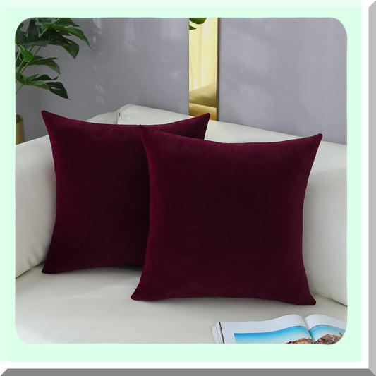 Velvet Bliss Burgundy Red Cushion Covers - Set of 2 | Comfy Square Throw Pillow Cases for Sofa, Couch, Living Room Chair | Soft Home Decor - 16 x 16 Inch