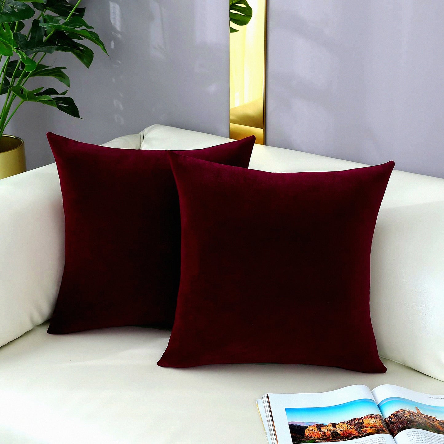 Velvet Bliss Burgundy Red Cushion Covers - Set of 2 | Comfy Square Throw Pillow Cases for Sofa, Couch, Living Room Chair | Soft Home Decor - 16 x 16 Inch