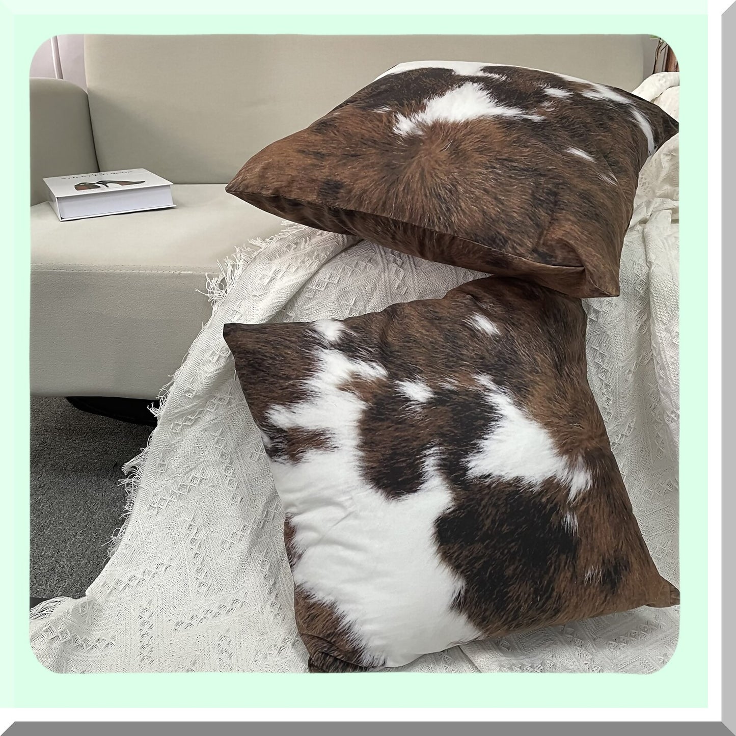 Cowhide Accent Pillowcase Set - Decorative Throw Cushion Cover 18X18Inch - Hidden Zippered Custom Cotton Home Decor - 2 Pack Printing