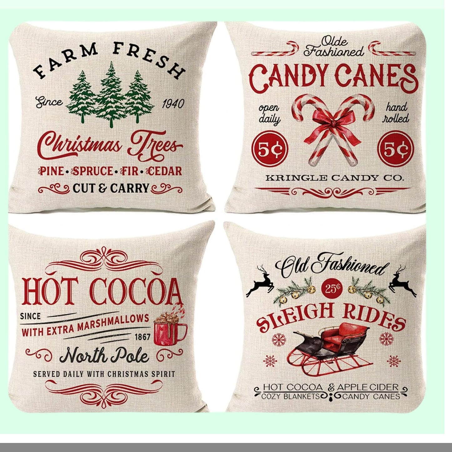 Winter Wonderland Farmhouse Pillow Covers - Set of 4 Rustic Holiday Xmas Decor Cushion Cases for Couch - Tree, Candy Canes, Cocoa, Sleigh Rides - 18x18"