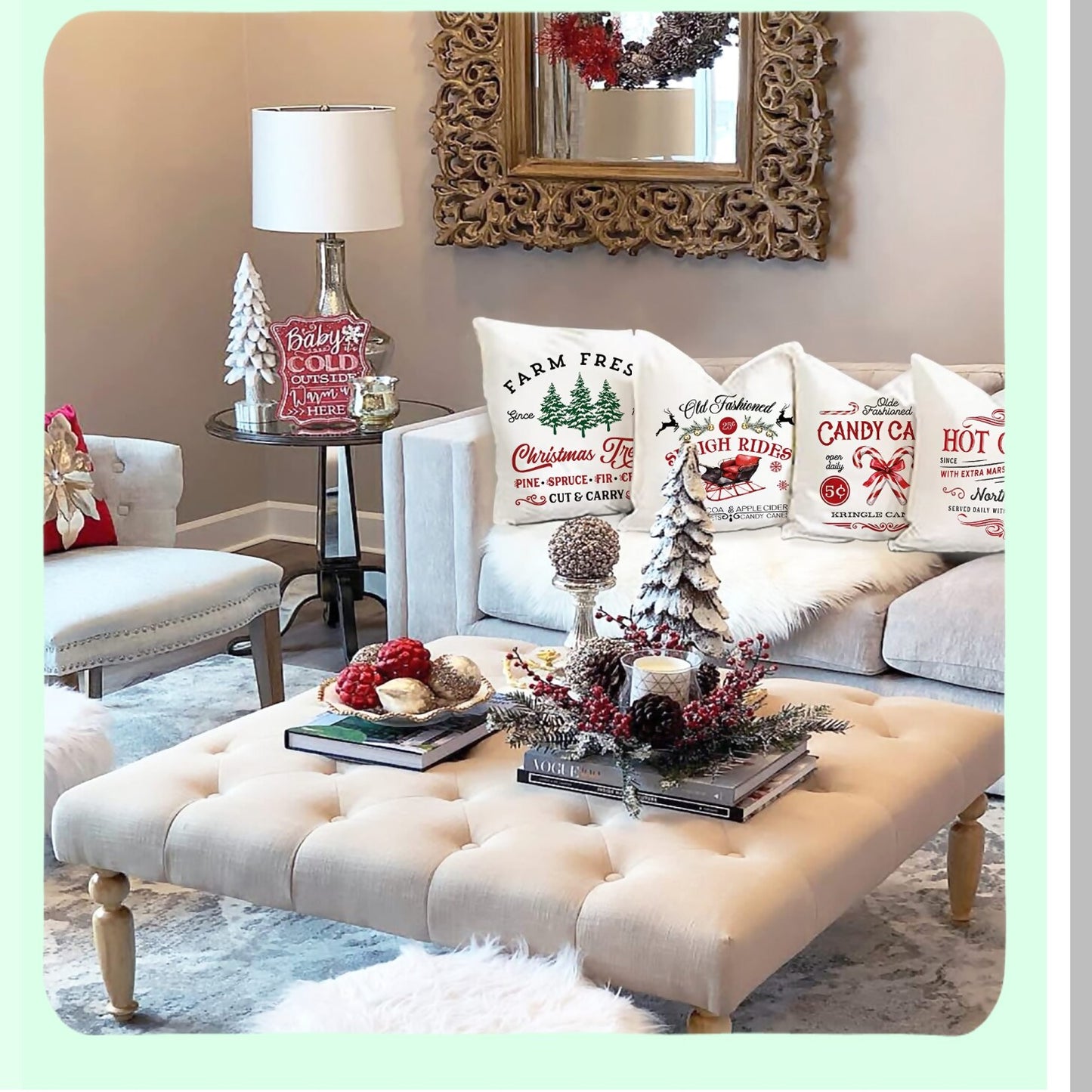 Winter Wonderland Farmhouse Pillow Covers - Set of 4 Rustic Holiday Xmas Decor Cushion Cases for Couch - Tree, Candy Canes, Cocoa, Sleigh Rides - 18x18"