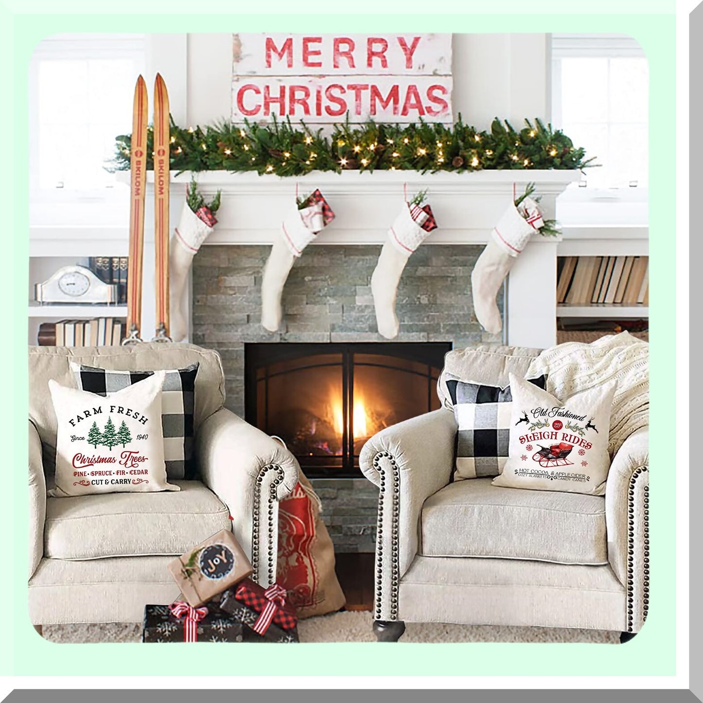 Winter Wonderland Farmhouse Pillow Covers - Set of 4 Rustic Holiday Xmas Decor Cushion Cases for Couch - Tree, Candy Canes, Cocoa, Sleigh Rides - 18x18"